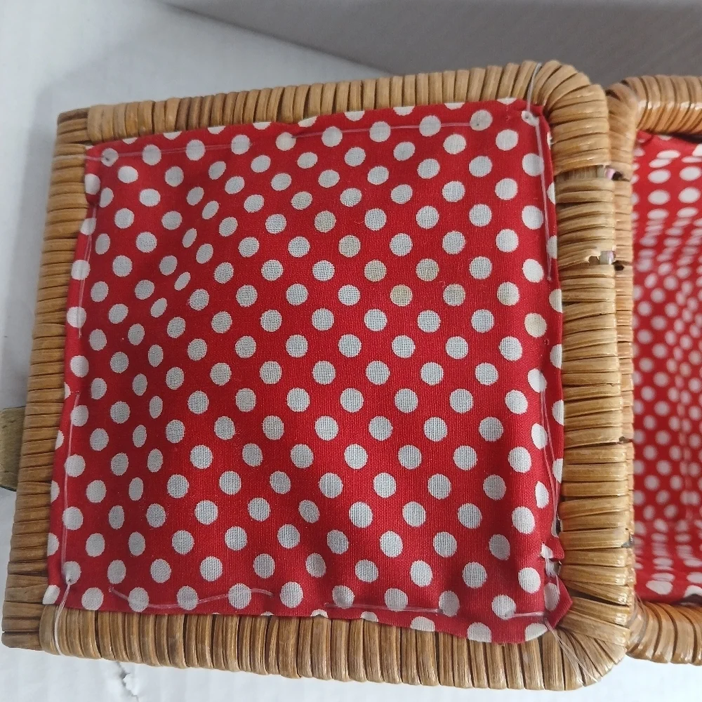 Woven Basket Wicker Leather-Look Velcro Strap Closure Red & White Polka Dot